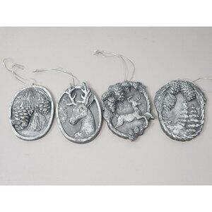Set Of 4 Silver Tone Pinecone & Deer Hanging Christmas/Holiday‎ Ornaments